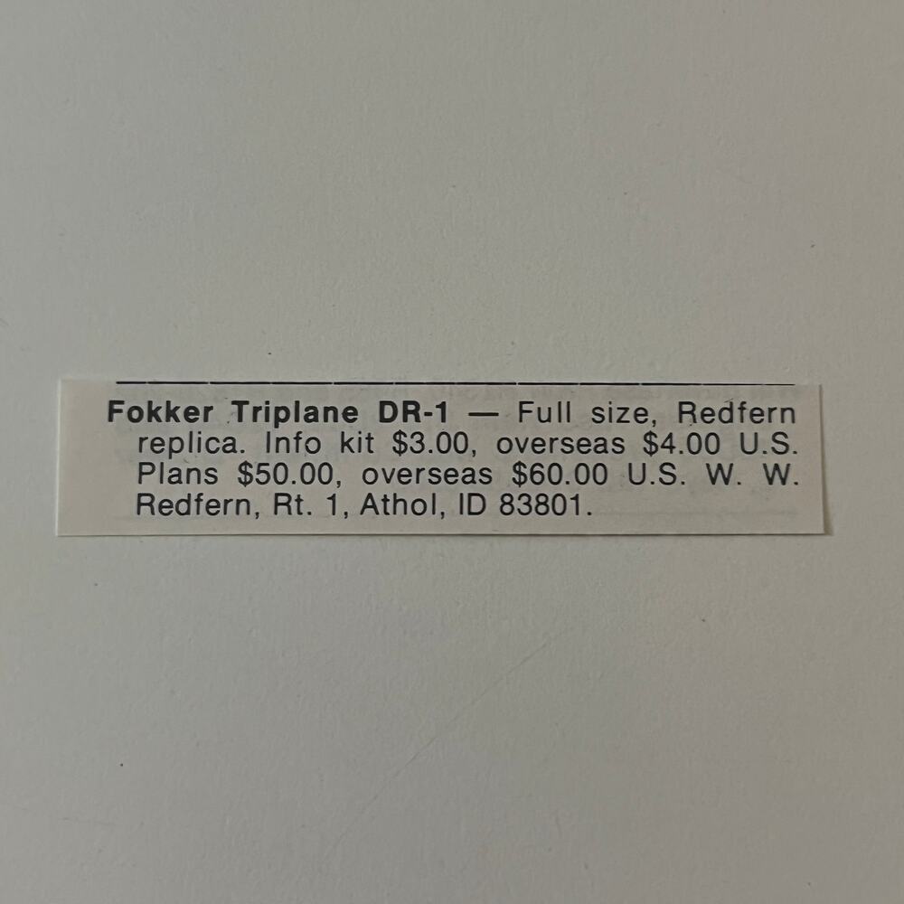 U. S. W. W. Redfern Fokker Triplane DR-1 1979 Sport Aviation Clipping SAH5-S53